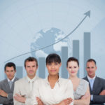 Business team smiling with a globe illustration